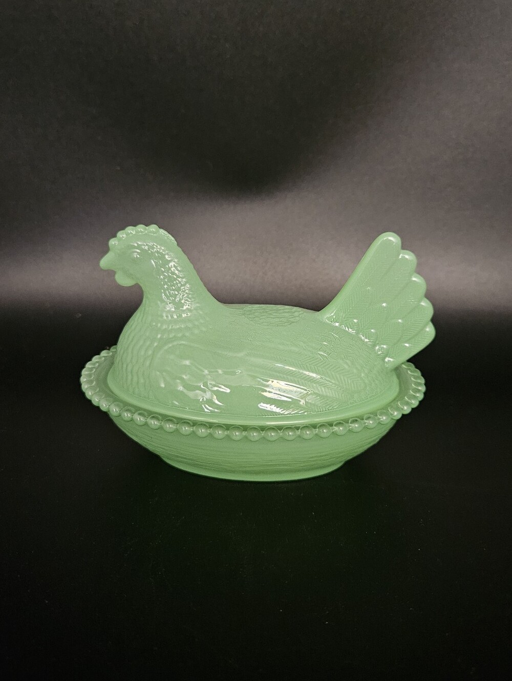 Hen on Nest Green Glass Hen 5” Candy Dish Farmhouse Cottage Core
